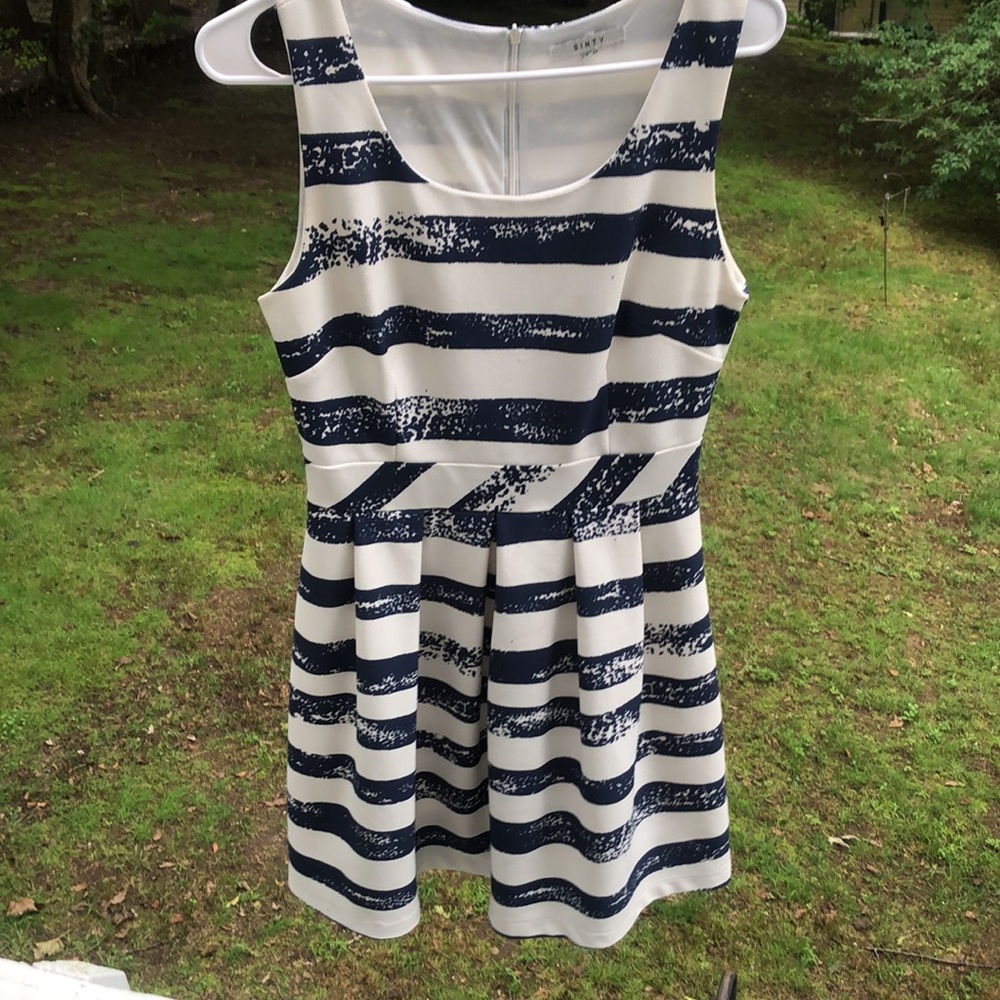 Fit & flare blue & white striped fun sea motives sleeveless dress - Picture 3 of 7